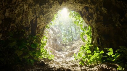 Secretive Entrance to Enchanting Cave with Intricate Formations and Underground Stream - Ultra-Detailed Exploration of Hidden Caves