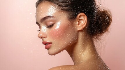 close up woman back with glossy dewy skin, with water droplets scatter across her skin