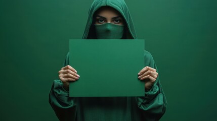 An person with covered face in green hooded sweatshirt, holding a blank green sign, on plain green background, solid hues