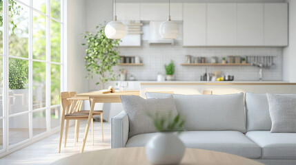 A simple, modern kitchen and living room with a blurred background.  The space features a sofa, table, and chairs.
