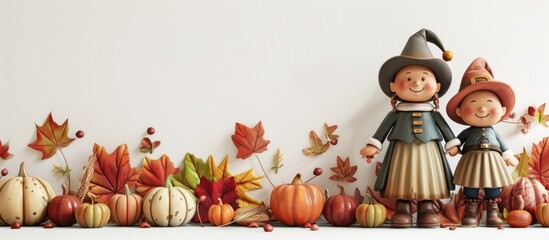Autumn Harvest Decor with Smiling Character Figurines in a Still Life Arrangement of Vibrant Leaves Pumpkins and Gourds