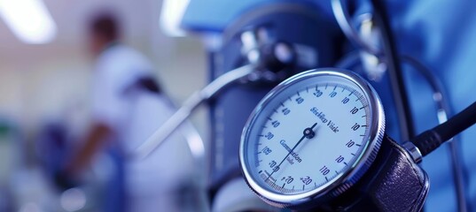 Healthcare Professional Using Modern Blood Pressure Monitor in Hospital Room