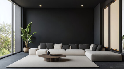 A sleek, modern living room with dark walls.  A large, empty black wall is perfect for displaying artwork.  This is a 3D rendering.