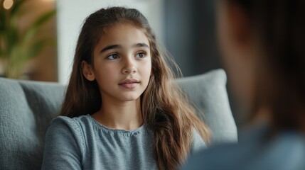 Close up of a teenage girl sitting on an armchair, talking during a psychotherapy session, blurred background with ample copy space.