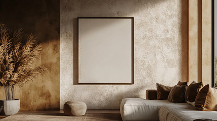 A realistic 3D image of a poster frame hanging on a beige and brown living room wall.
