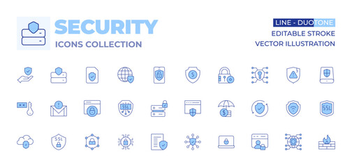 Security icons collection. Line Duotone style, editable stroke. ensure, access, security, browser, legal document, data security, email, insurance, ssl, account, cloud computing, network