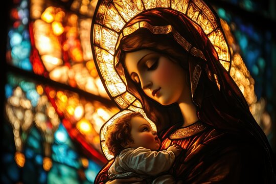 Close-up of Mary and baby Jesus, Christmas theme, painted stained glass