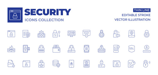 Security icons collection. Thin Line icons, editable stroke. unlock, confidential, verified, password, database, log in, padlock, keyhole, wallet, document, folder, firewall, payment
