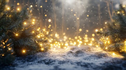 Naklejka premium Twinkling lights and evergreen branches create a festive Christmas atmosphere. Perfect for holiday cards or as a backdrop for ads.