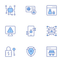 Security icons set. Line Duotone style, editable stroke. security, security system, alert, network, lock, spy, webpage, private account