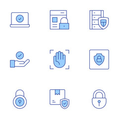 Security icons set. Line Duotone style, editable stroke. web security, data, hand, box, palm, check, online security, security, lock
