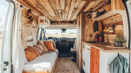 Cozy camper van interior with wood paneling, boho decor, and comfy couch for road trips