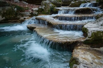 Obraz premium The Serene Waters Cascading Over Natural Steps in the Tranquil Rivers of Belief During Autumn