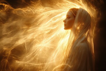 A radiant portrayal of the Annunciation, featuring the angel Gabriel emerging before Mary in a brilliant aura of heavenly light