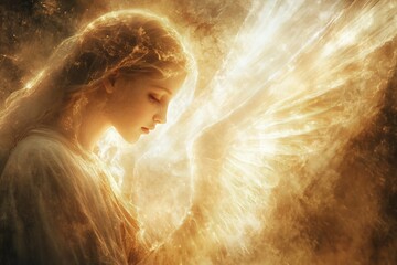 A radiant portrayal of the Annunciation, featuring the angel Gabriel emerging before Mary in a brilliant aura of heavenly light