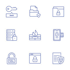 Security icons set. Thin Line style, editable stroke. password, document, folder, hard disk, firewall, payment, ssl, browser, file