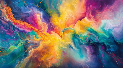 Vibrant fluid art on a glass surface, like a painting in motion. A mix of bright colors creates an abstract, flowing design that resembles neon lights.