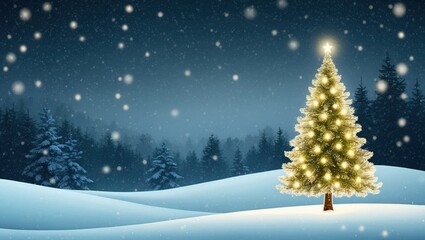 Obraz premium A beautifully lit Christmas tree stands in a snowy landscape under a starry night sky in winter