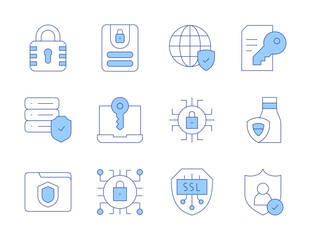 Security icons. Line Duotone style, editable stroke. padlock, browser, internet, ssl, private, cyber security, food security, server, contract, folder, log in, laptop