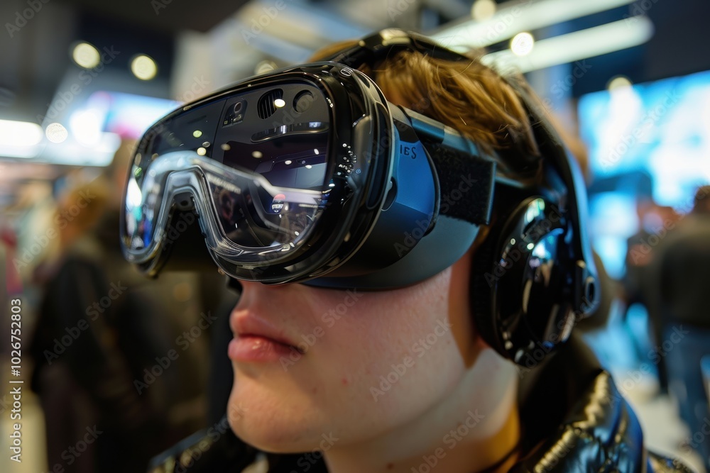 Poster close-up of high-tech vr goggles in a modern gadget store display