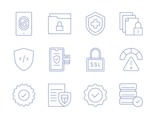 Security icons. Thin Line style, editable stroke. health insurance, secure socket layer, quality, risk, fingerprint, shield, guarantee, server, folder, payment, file, document