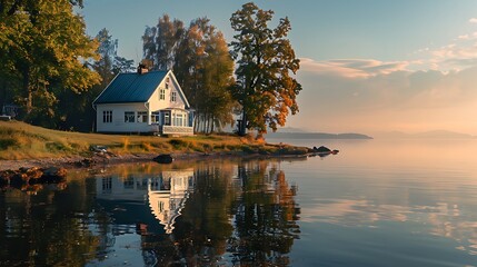 Fototapeta premium Charming little vacation house by the shore with a reflection