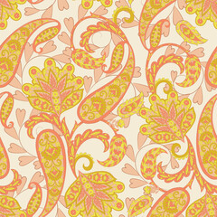 Turkish Cucumber Paisley seamless vector pattern in traditional Oriental style. Decorated with flowers, leaves, and fantasy elements, for fabric, textile and wallpaper covers