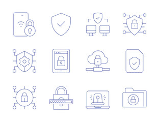 Security icons. Thin Line style, editable stroke. padlock, unlocking, cyber security, verified, secure, cloud storage, alert, insurance, security, secure folder