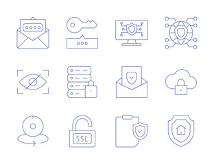 Security icons. Thin Line style, editable stroke. security system, cyber security, protected, clipboard, email, spyware, degree, security, password, hard disk, ssl, network