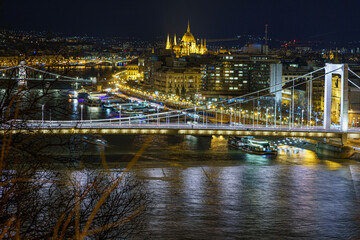 Obraz premium Detail of Budapest skyline, Elizabeth Bridge, Szechenyi Chain Bridge, Parliament Building, with Danube River, night, telephoto lens