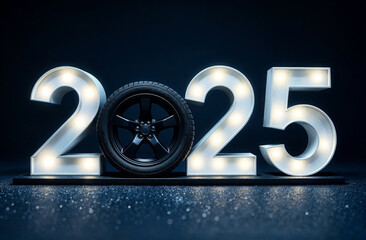 Christmas banner. White letters “2025” instead of “0” - black car wheel on dark blue background. Generated AI