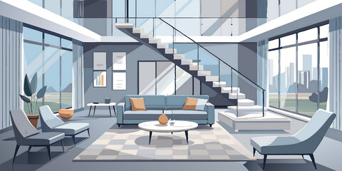 Fototapeta premium Modern living room with a large sofa, coffee table, chairs, and a plant. The room has large windows overlooking a city skyline and a staircase leading to the upper floor.