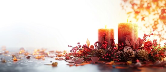 Cozy winter holiday scene featuring a seasonal candle and evergreen wreath arrangement on a snow dusted wooden surface  The warm glow of the candles creates a romantic