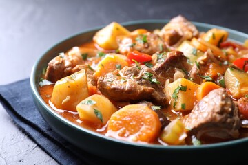 Delicious stew with vegetables on table, closeup