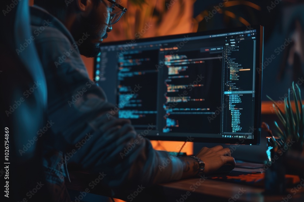 Poster innovative software developer at workstation for cutting-edge tech solutions