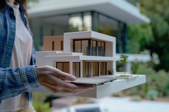 Modern Home Model Displayed by Real Estate Agent for Personalized Property Search and Buying Services