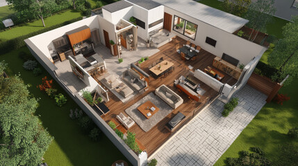 A 3D picture showing the layout of a house from above. The living area is designed in an open style.