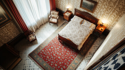 A bedroom, seen from above, designed in a traditional style.