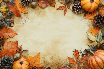 a textured background of orange autumn colors. The border is surrounded by fall leaves, pinecones, and pumpkins. The center has empty space. 100% white background. Vivid style 