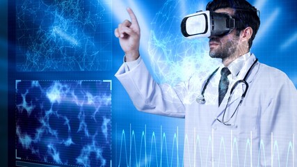 Skilled medical worker checking at brain hologram by wearing VR headset. Professional doctor...