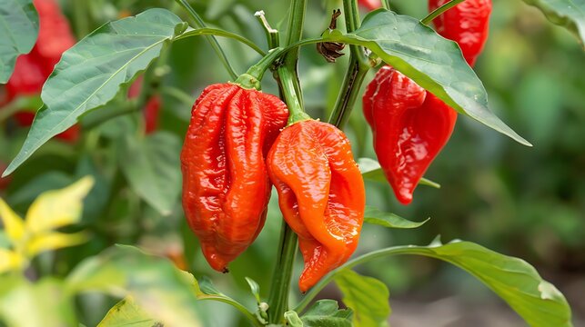 Close up of a ripe ghost pepper on its tree