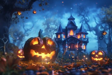 A Halloween scene with a pumpkin and other pumpkins on the ground