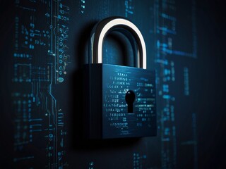Dark blue backdrop with digital padlock for computer system, cyber security systems for preventing fraud, and security data network defense concept 
