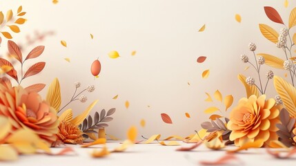 Warm autumn foliage with vibrant fall leaves flowers and plants in a rustic cozy Thanksgiving background  Warm color palette of orange yellow and brown tones