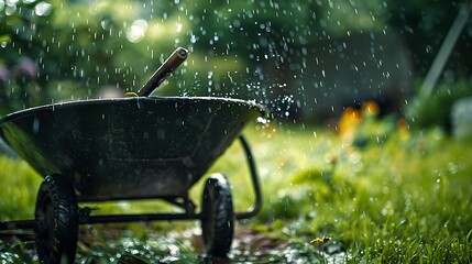 Closeup of a wheelbarrows tires in a green yard with rainwater fall in the background