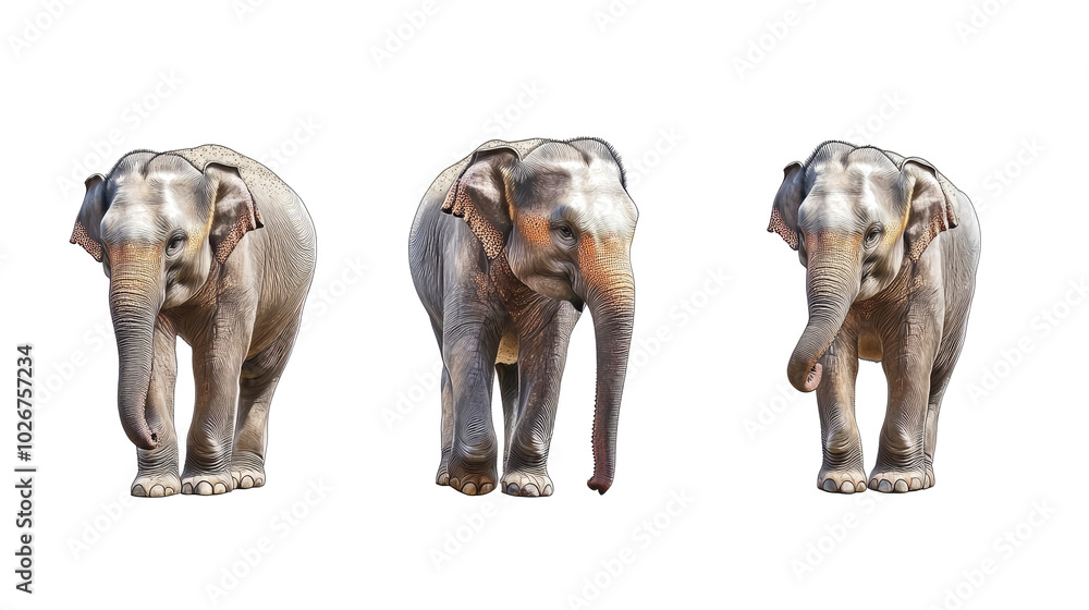 Aufkleber three elephants walking in a row against a white background generative ai