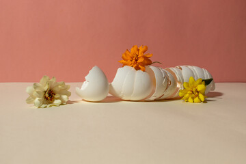 White eggshells with flowers arranged in a horizontal row on a pink background. Still life