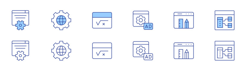 Website icon set in two styles, Duotone and Thin Line style. Editable stroke. development, web maintenance, pencil, browser, globe, maths