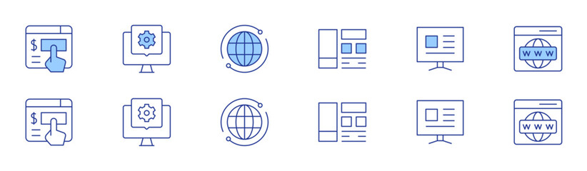 Website icon set in two styles, Duotone and Thin Line style. Editable stroke. interface, content, online donation, web development, worldwide, world