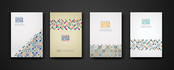 Set islamic cover design template with colorful detail and texture of floral mosaic islamic art ornament.